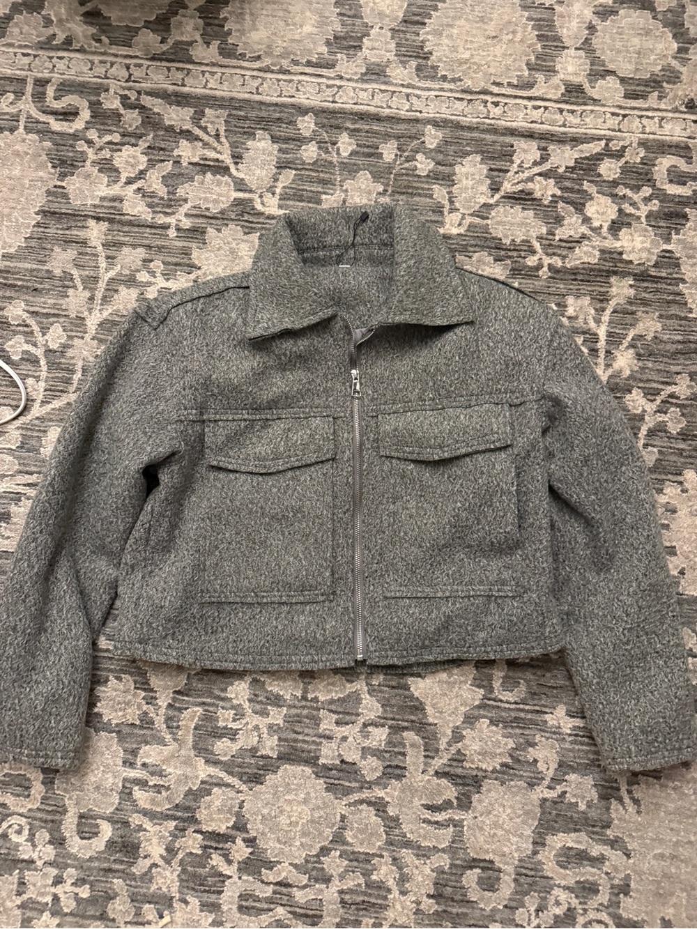 Cropped Gray Teddy Jacket with Zip Front